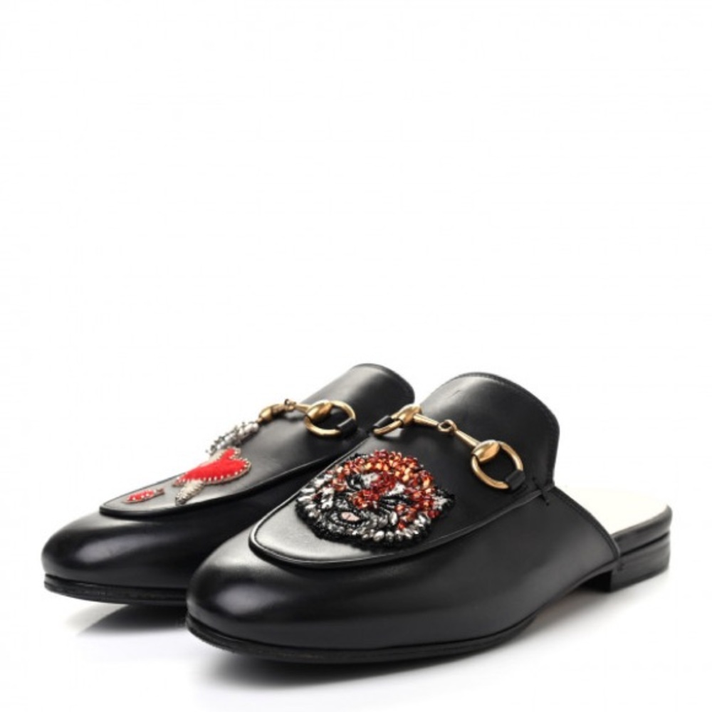 GUCCI Calfskin Crystal Tiger Embroidered Princetown Slippers - Picture 8 of 10